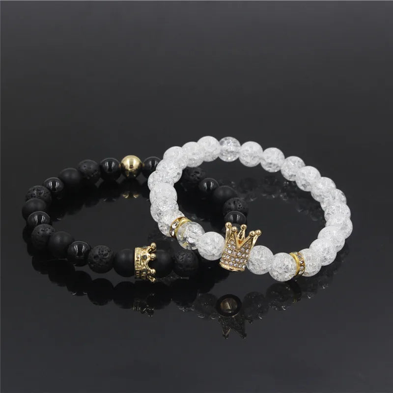 New 2Pc/Sets Natural 8/6Mm Stone Beads Couple Bracelets for Women Micro Pave CZ Crown Charms Bracelet Men Jewelry Pulseras Mujer