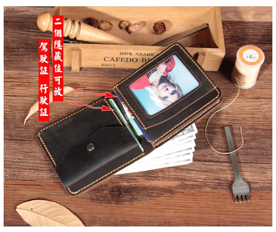 Handmade Vintage Crazy Horse Genuine Leather Wallet Men Purse Leather Men Wallet Short Style Male Money Holder Coin Bag WF206