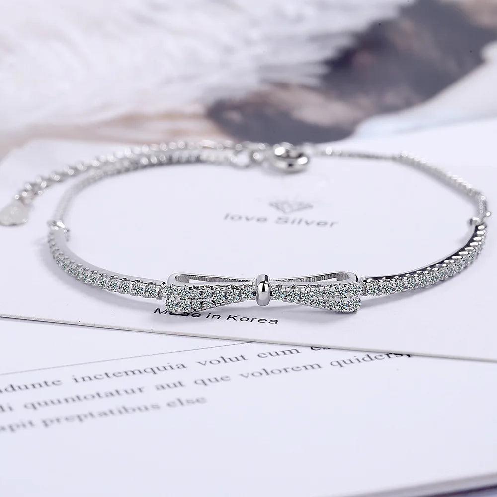 Hot Sale Fashion Silver Color Bracelet Chain Bownot Inlaid Zircon Plata Pendant Bracelet Chain for Women'S Wedding Jewelry Gift