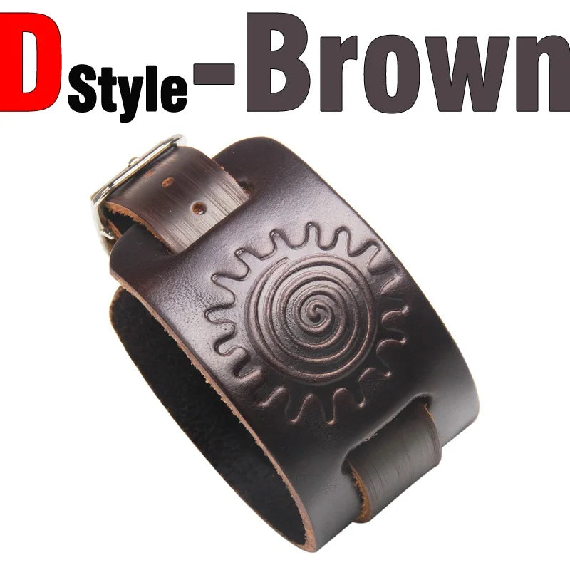 Charm Wide Leather Bracelet Black Brown Men Fashion Embossed Wolf/Eagle/Totem Wristband Bangle Punk Rock Style Jewelry