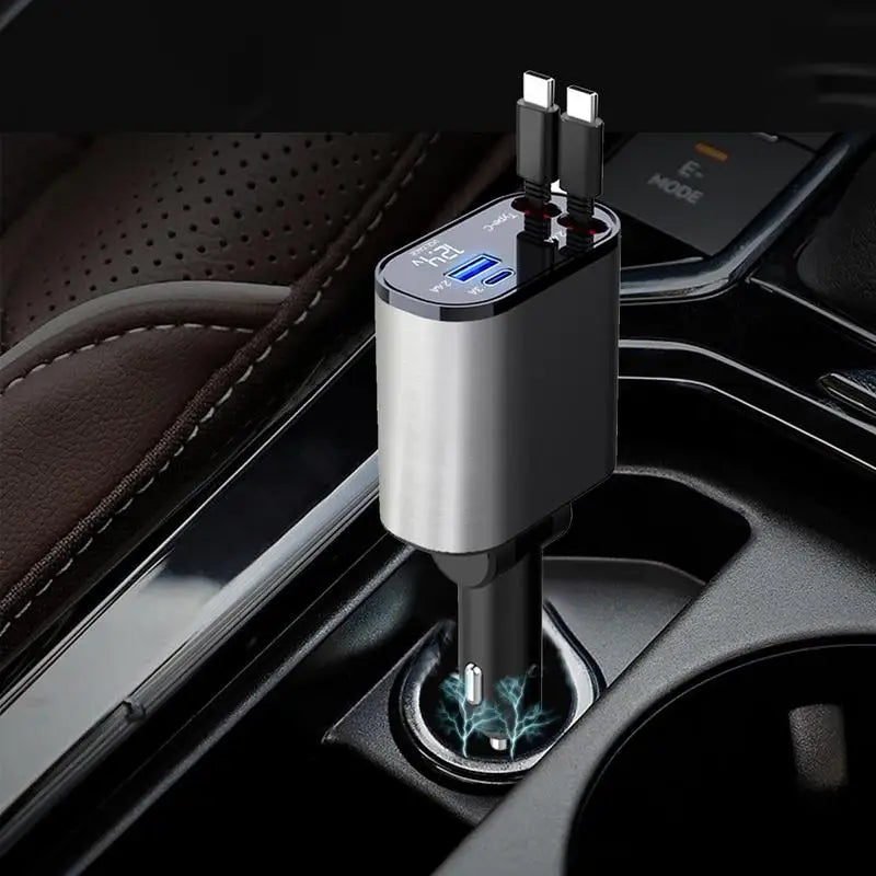 Retractable Car Charger 4In1 Fast Car Phone Charger 100W Retractable Cables 2 USB Ports Car Charger Adapter for All Smartphone