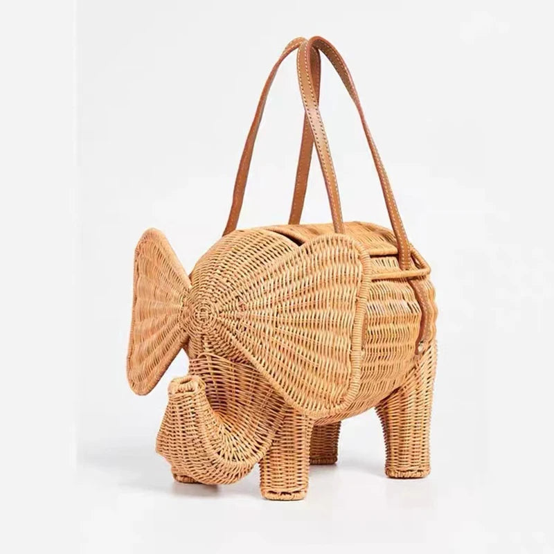 Summer New Large Capacity Women'S Bags Seaside Holiday Rattan Elephant Handbag Simple Personality Hand-Woven Bags Makeup Bag