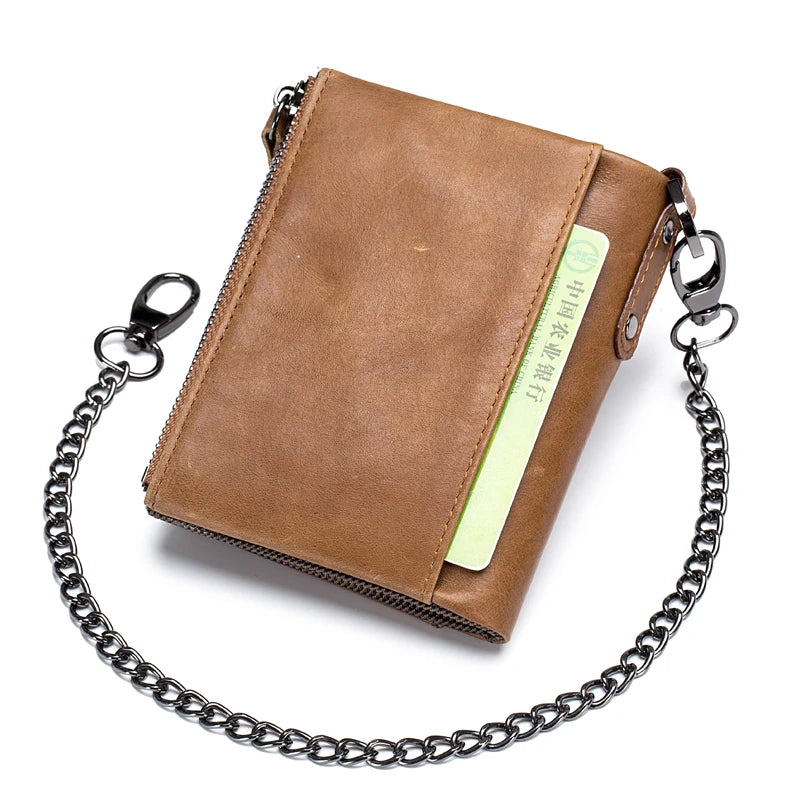 Quality Genuine Leather Men Wallet Brand Zipper Man Purse Vintage Cow Leather Male Card Coin Bag with Iron Chain