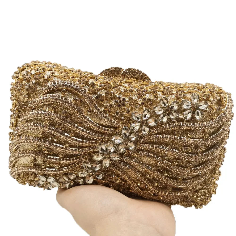 (In Stock) Women Crystal Clutch Evening Bags Wedding Party Rhinestones Handbags Ladies Gala Dinner Gold Purses