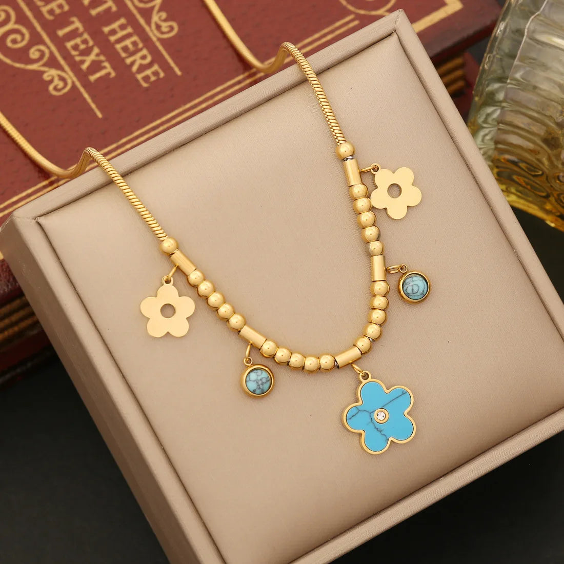 Fashion Stainless Steel Blue Four Leaf Clover Flower Beaded Necklace Earriing Bracelet Set for Women Wedding Jewerly Wholesale