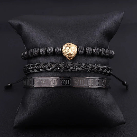 High Quality Luxury Stainless Steel Roman Bangle Lion Charm Men Jewelry Handmade Braided Macrame Bracelets Male Gift