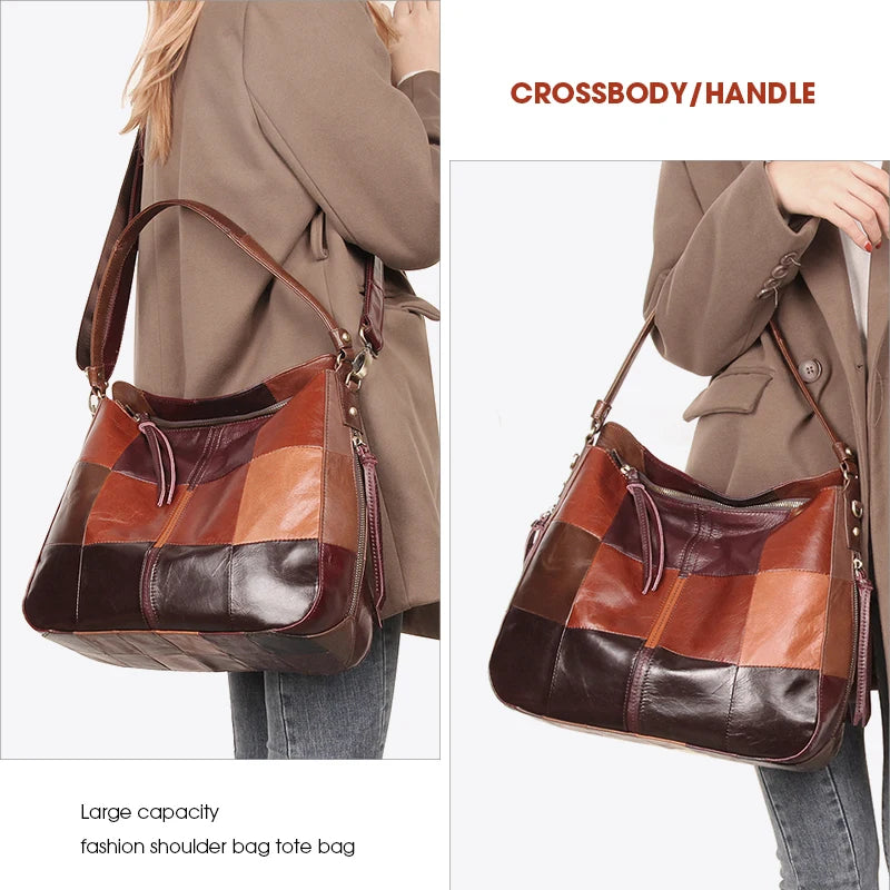 New Designer Genuine Leather Elegant Women Shoulder Crossbody Bag Classic Patchwork Large Casual Handbag Ladies Top Handle Tote