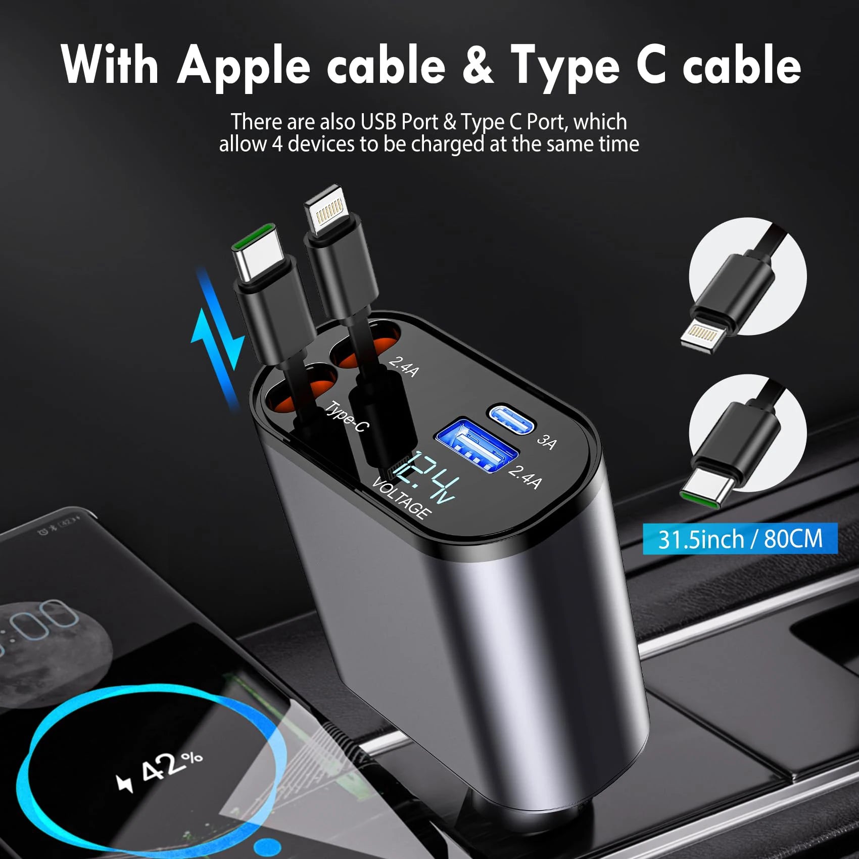 Retractable Car Charger, 4 in 1 Fast Car Phone Charger with Cord 2.6Ft, Retractable Cable and 2 USB Ports Car Charger Adapt