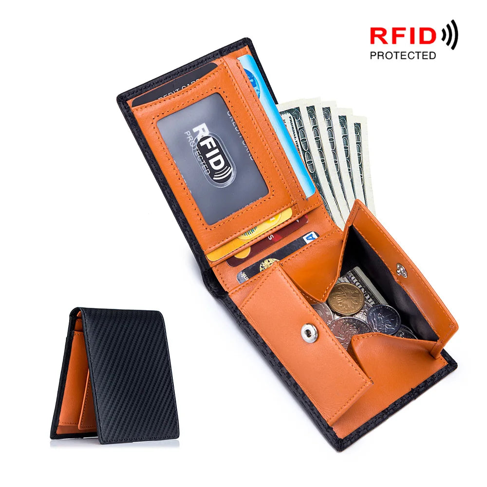 Men Wallet Wallet Rfid Ultra Thin Short Wallet Carbon Fiber Leather Coin Purse Card Case Blue Black Orange Card Organizer