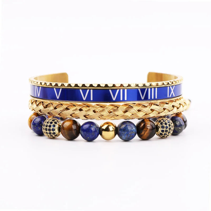 High Quality Men Jewelry 18K Gold Plating Stainless Steel Blue Roman Bangle Tiger Eye Stone Macrame Bracelet Set