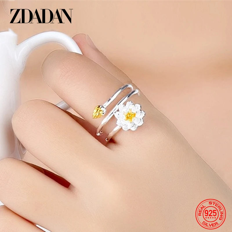 925 Sterling Silver Charm Lotus Ring for Women Fashion Open Adjustable Finger Rings Jewelry Gift