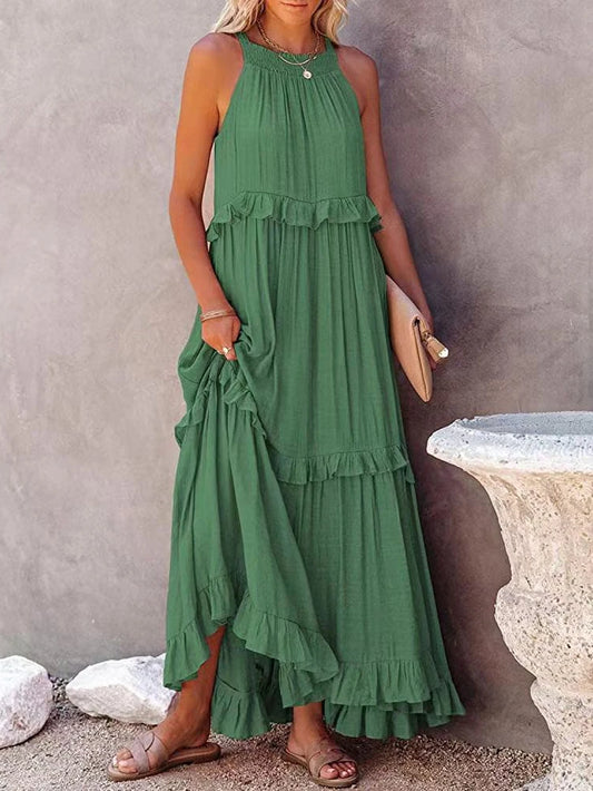 Oversize Solid Long Dress Women Summer Female Casual Ruffle Pullover Beach Dresses Ladies Elegant Hollow Tie-Up Party Dress