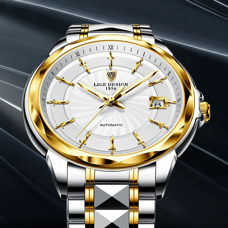 New Mechanical Watch Men Personality Gold Fashion Tungsten Steel Business Men Watch 50M Waterproof Automatic Watch Man+Box