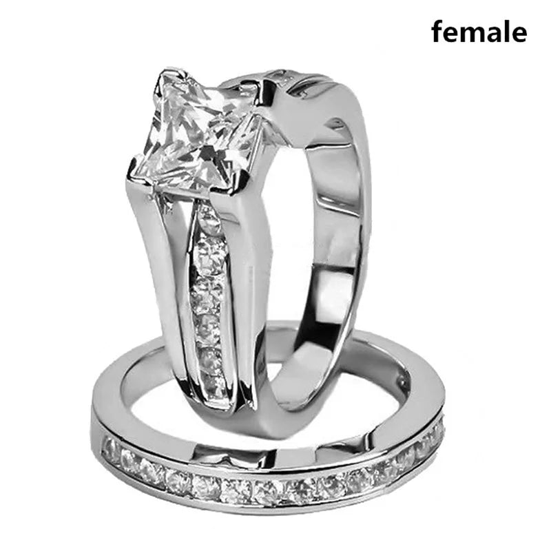 Romantic Zircon Couple Rings Stainless Steel Men'S Ring and Simple Crystal Zircon Women Rings Set Wedding Ring