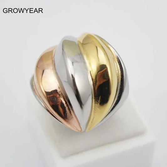 Stainless Steel 3 Color Rings Women Fashion Jewelry Golden Silver Color Rose Golden Unique Cocktail Party Ring Size 6 7 8 9