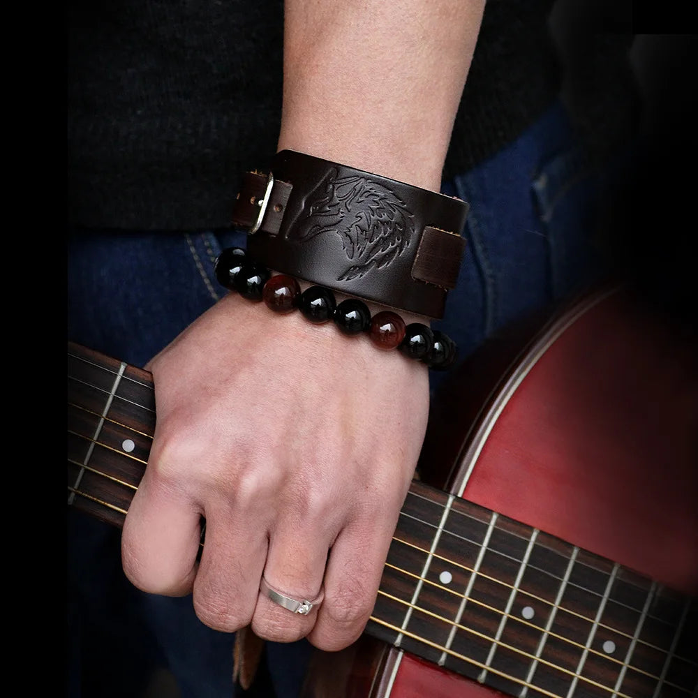 Charm Wide Leather Bracelet Black Brown Men Fashion Embossed Wolf/Eagle/Totem Wristband Bangle Punk Rock Style Jewelry