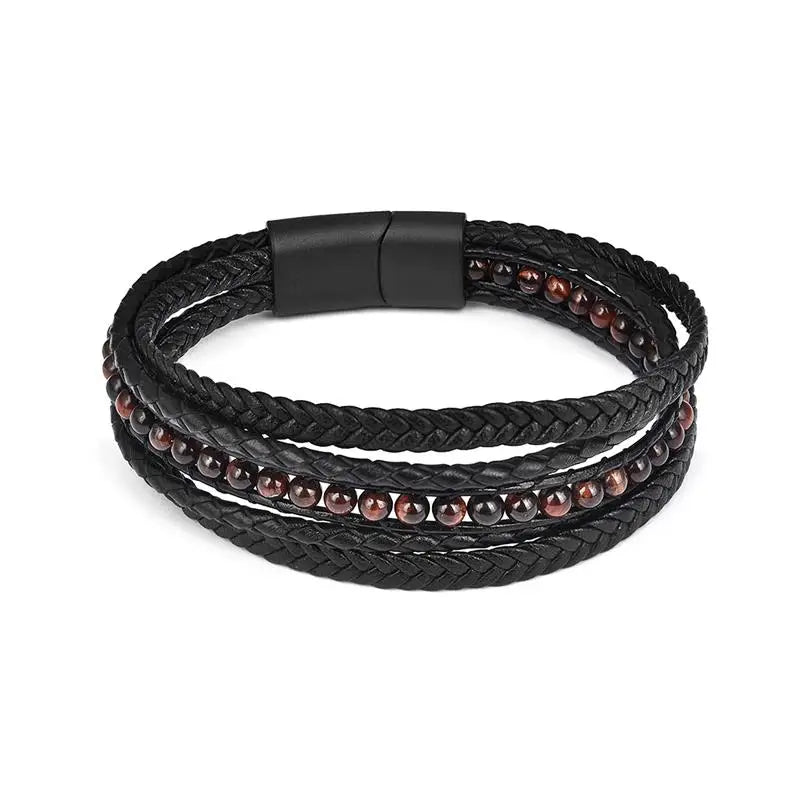 Fashion Natural Stone Beads Men Bracelet Multilayer Leather Bracelet Punk Jewelry Stainless Steel Magnetic Clasp Bangles