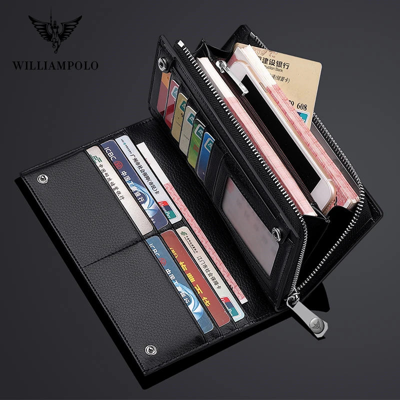 Brand Business Men Wallet Long Genuine Leather Clutch Wallet Purse Male Top Quality Soft Cowhide Handmade Coin Pouch