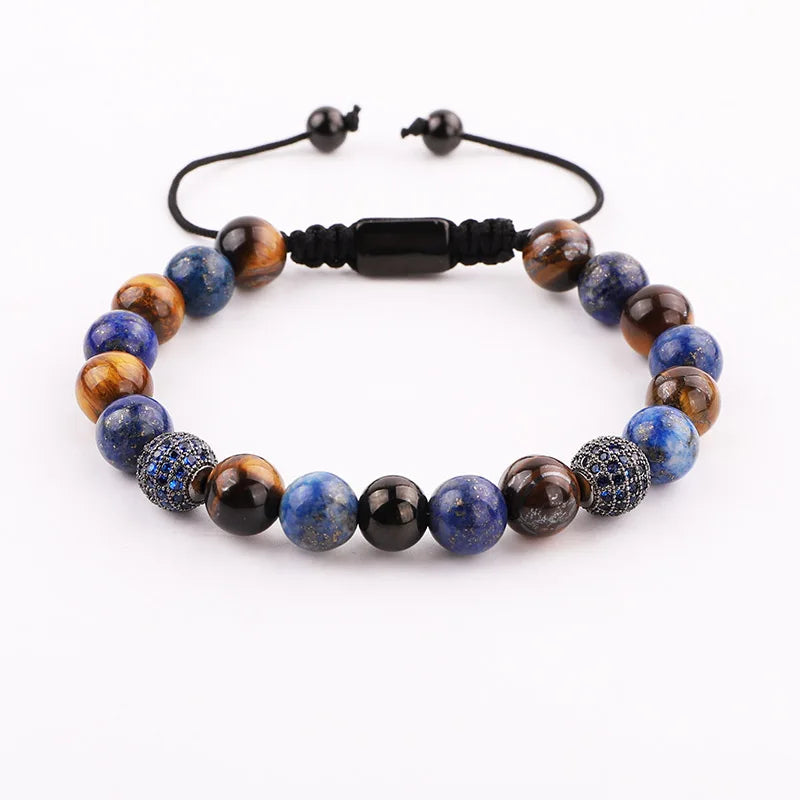 High Quality Men Jewelry 18K Gold Plating Stainless Steel Blue Roman Bangle Tiger Eye Stone Macrame Bracelet Set