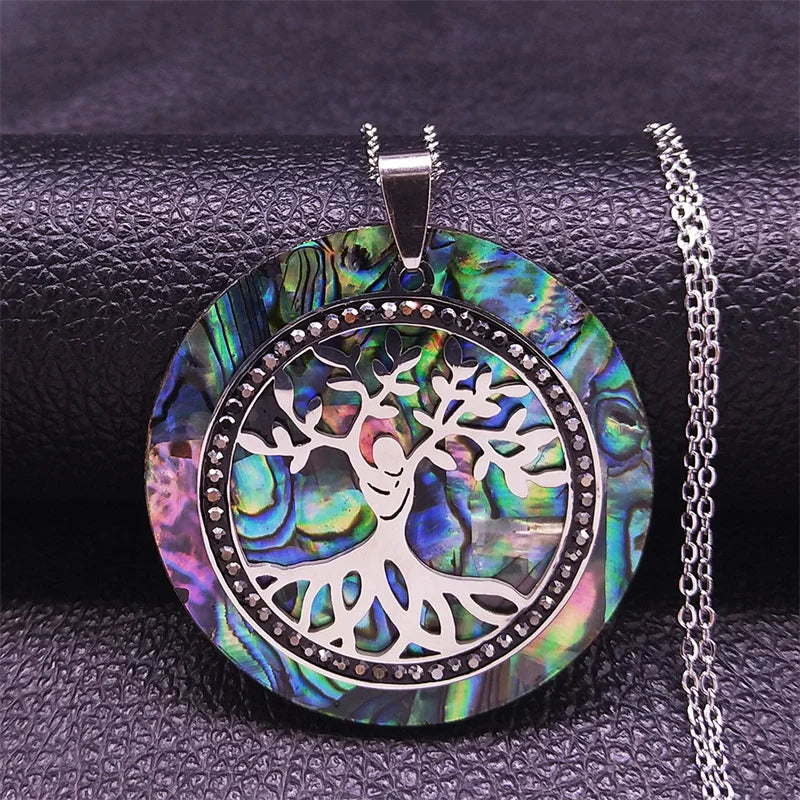 Tree of Life Crystal Stainless Steel Chain Necklaces Women Silver Color Big Necklaces Pendants Jewelry Collar Mujer NXS04