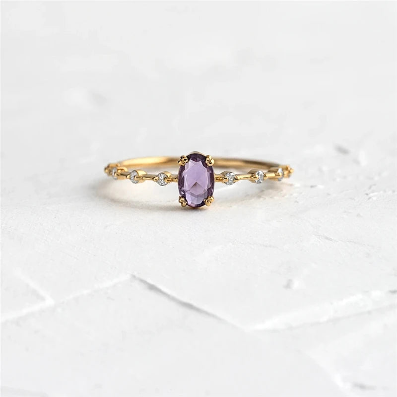 Simple Egg Shape Purple Crystal Gold Rings for Women Rings Jewelry 925 Sterling Silver Finger Ring Ins Wedding Ring Anillos