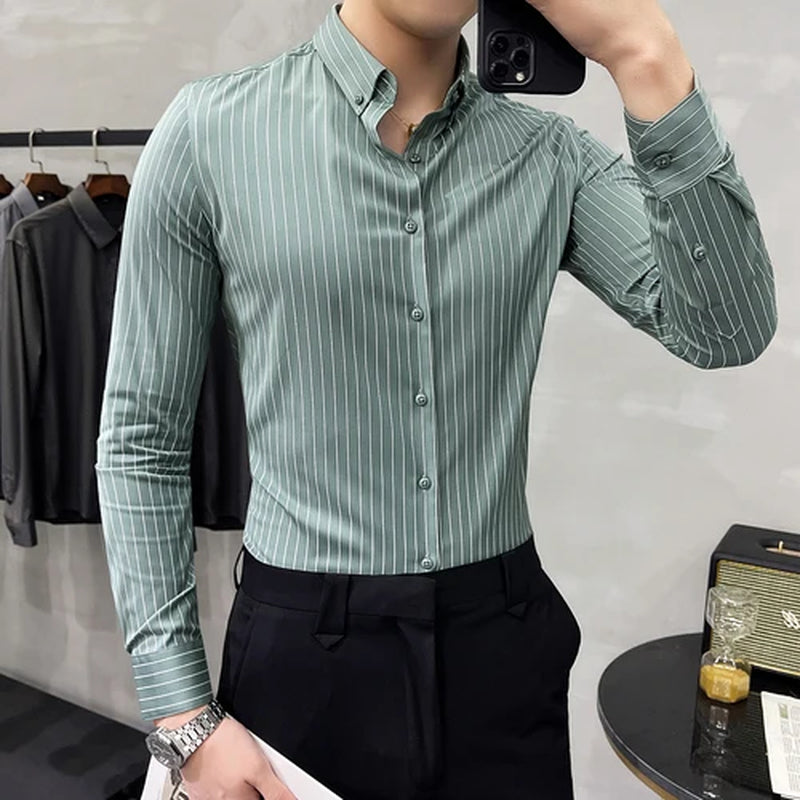 British Style Striped Shirts Mens Long Sleeve Business Formal Dress Shirt Casual Slim Fit Shirt Streetwear Social Party Clothing