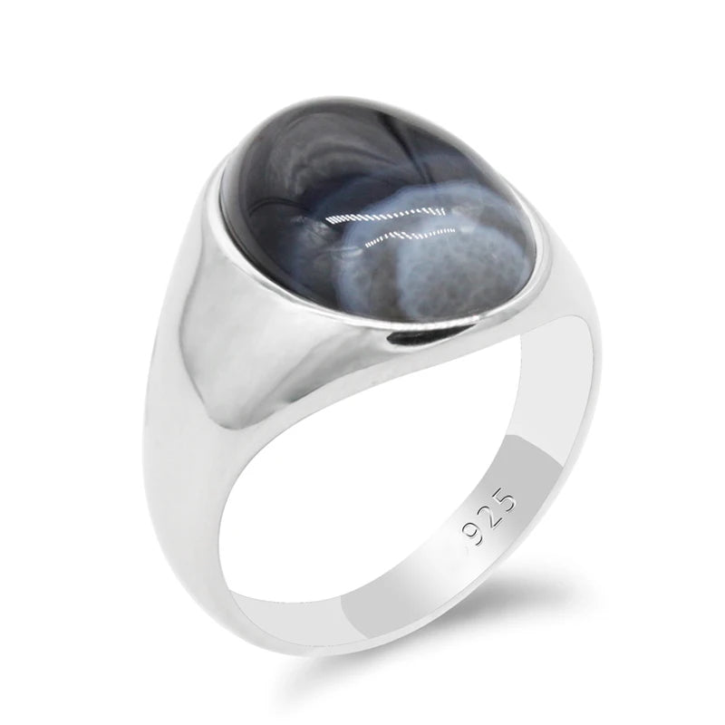 Turkish Men Women Rings 925 Sterling Silver Oval Natural Agate Stone Rings Simple Fine Jewelry Couples Anniversary Birthdaygift