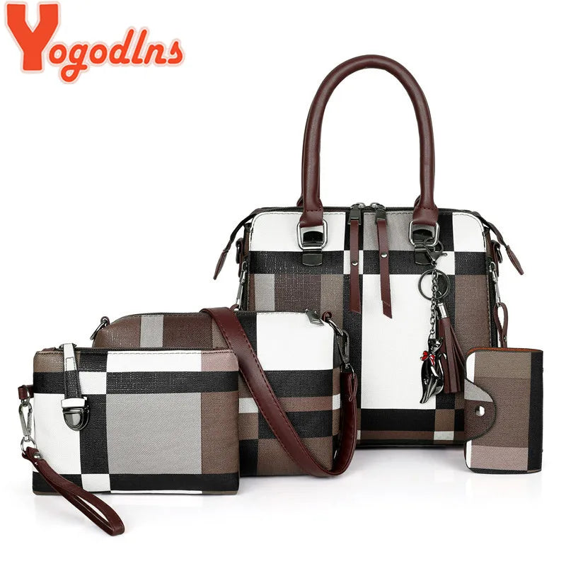 Luxury Handbags Plaid Women Bags Designer New Tassel Purses and Handbags Set 4 Pieces Bags Female Feminina Travel Tote