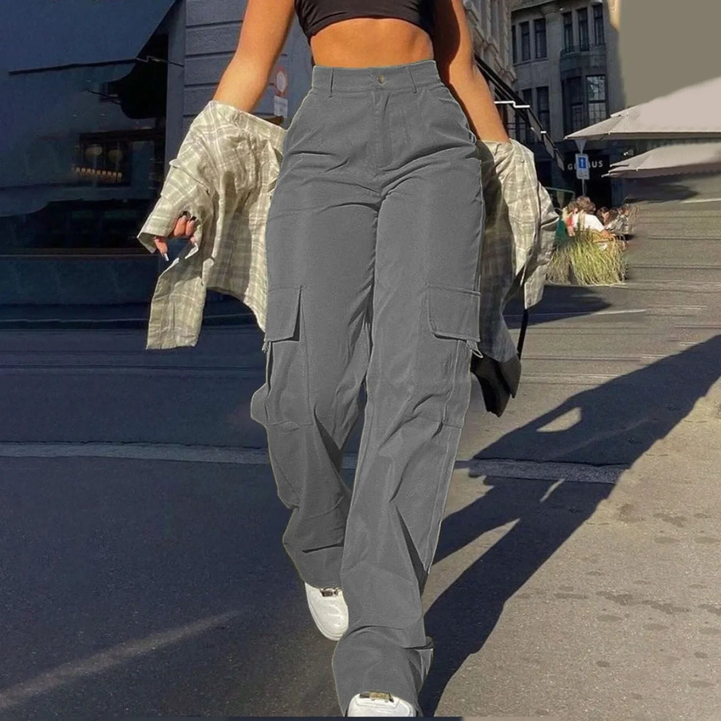 2024 Trendy Women Wide Leg Cargo Pants Street Vibes Flap Pockets Drawstring Ruched High Waist Parachute Women Pants