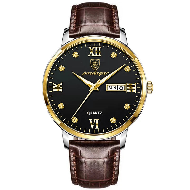 POEDAGAR Newest Waterproof Men Watch Casual Leather Strap Luminous Luxury Watches for Man Date Week Display Sports Quartz Clocks