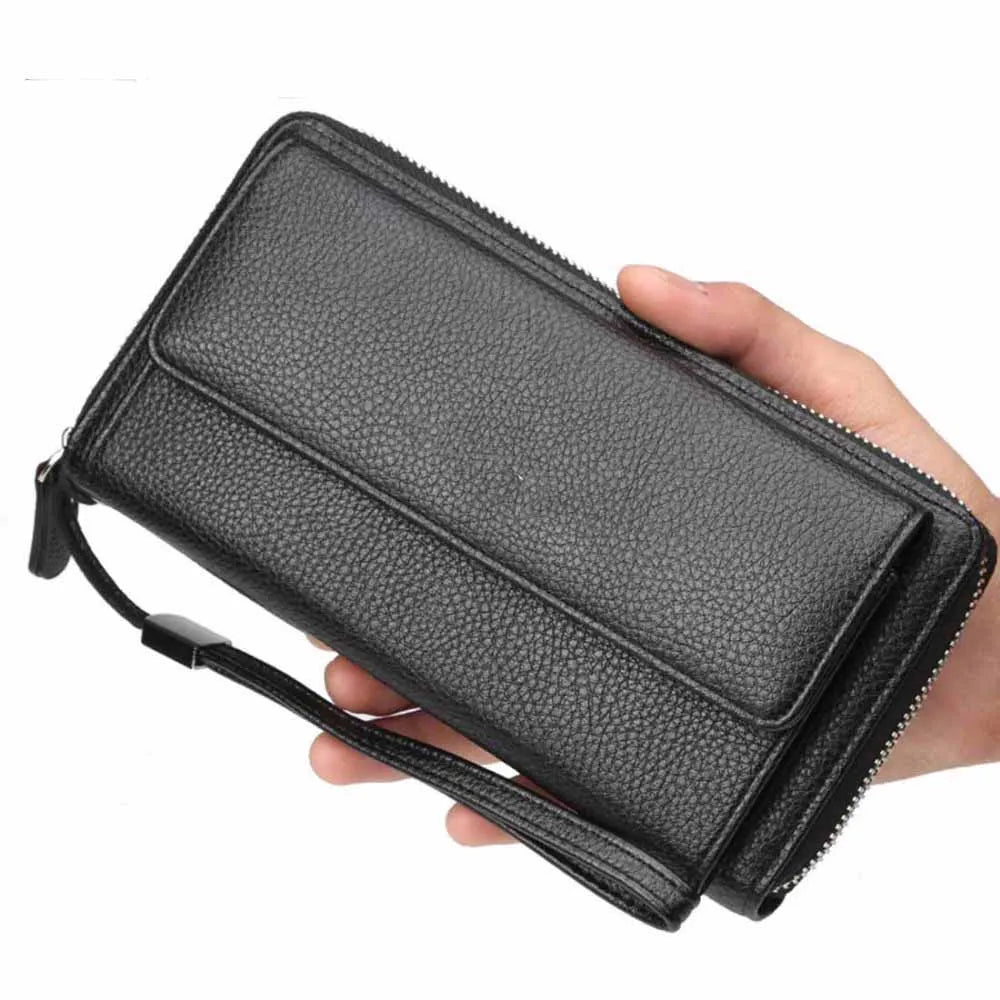 Fashion New PU Leather Men Clutch Wallets Zipper Large Capacity Hand Strap Men Wallet Luxurious Business Solid Male Purses