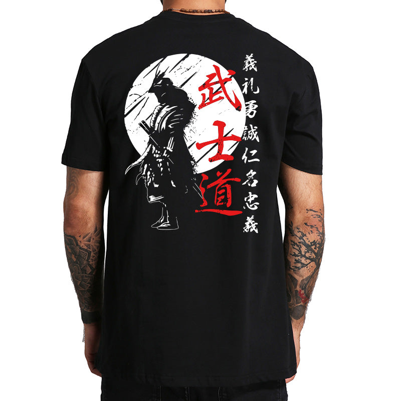 Japan Samurai Spirit T Shirts for Men Japanese Style Back Print Loose Oversized 100% Cotton Tops T-Shirt Bushido Male Gifts Tee