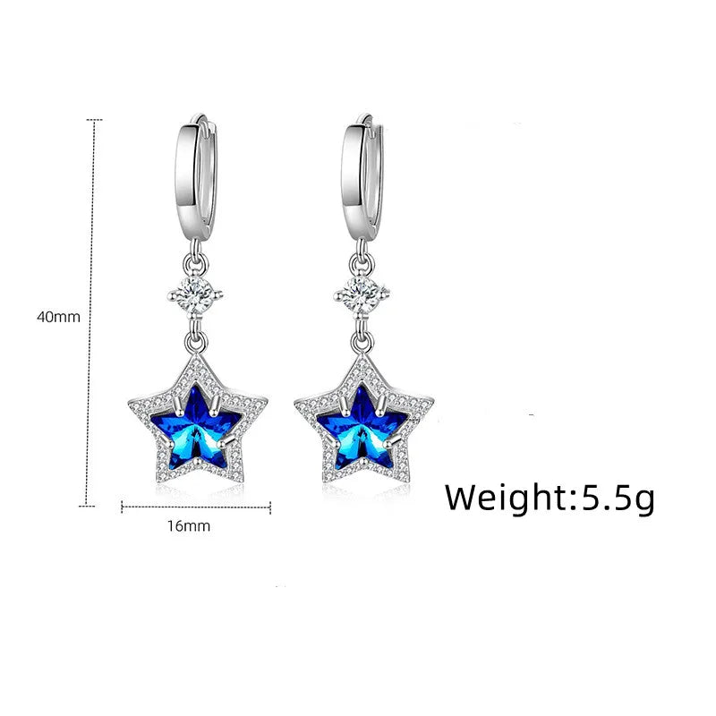 925 Sterling Silver Earrings Blue Crystal Zircon Pentagram Earrings for Women'S Fashion Jewelry Gifts