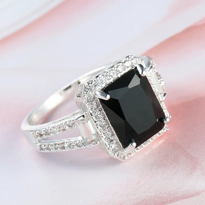 Real 925 Sterling Silver Color Ring for Women Black Zircon Stone Ring for Women Romantic Gift Engagement Jewelry Anillos Mujer