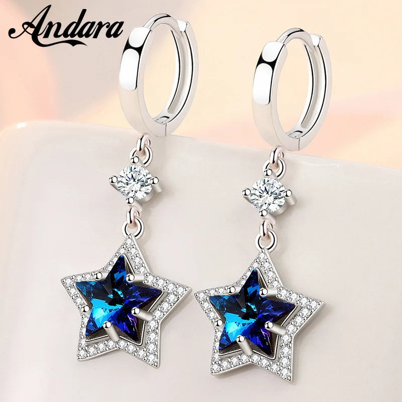 925 Sterling Silver Earrings Blue Crystal Zircon Pentagram Earrings for Women'S Fashion Jewelry Gifts