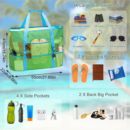 Large-Capacity Mesh Beach Bag - Foldable Zippered and Breathable Tote for Swimming Travel and Grocery Large Picnic Beach Bags