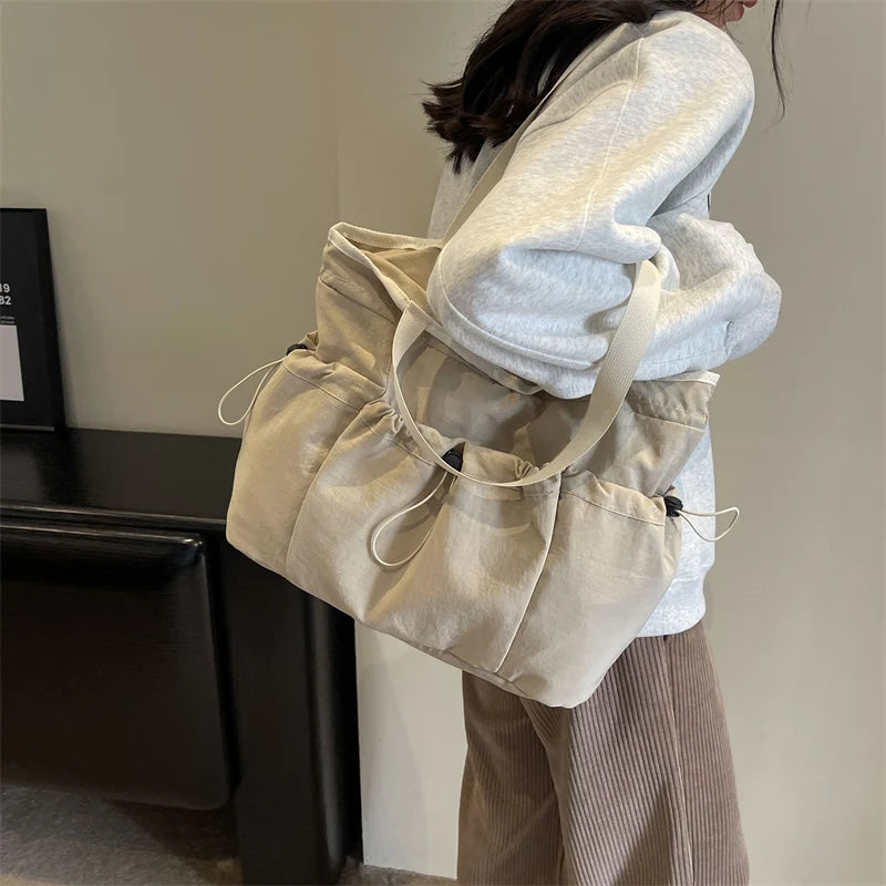 Women Drawstring Tote Bag All-Match Nylon Shoulder Bag Large Capacity Underarm Bag Casual Satchel Bag Shopper Bag