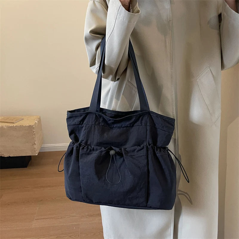 Women Drawstring Tote Bag All-Match Nylon Shoulder Bag Large Capacity Underarm Bag Casual Satchel Bag Shopper Bag