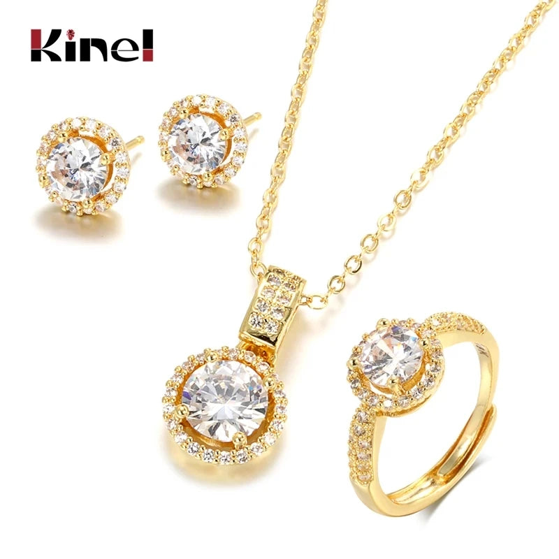 18K Gold Zircon Jewelry Sets Engagement Ring Necklace Earring for Bridal Wedding Jewelry Valentine'S Day Gift for Women