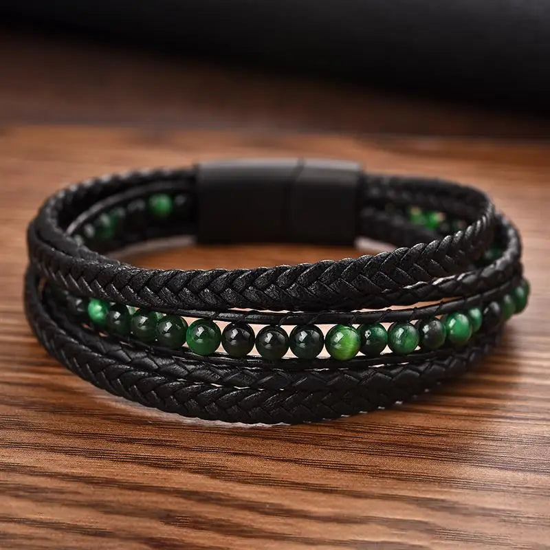 Fashion Natural Stone Beads Men Bracelet Multilayer Leather Bracelet Punk Jewelry Stainless Steel Magnetic Clasp Bangles