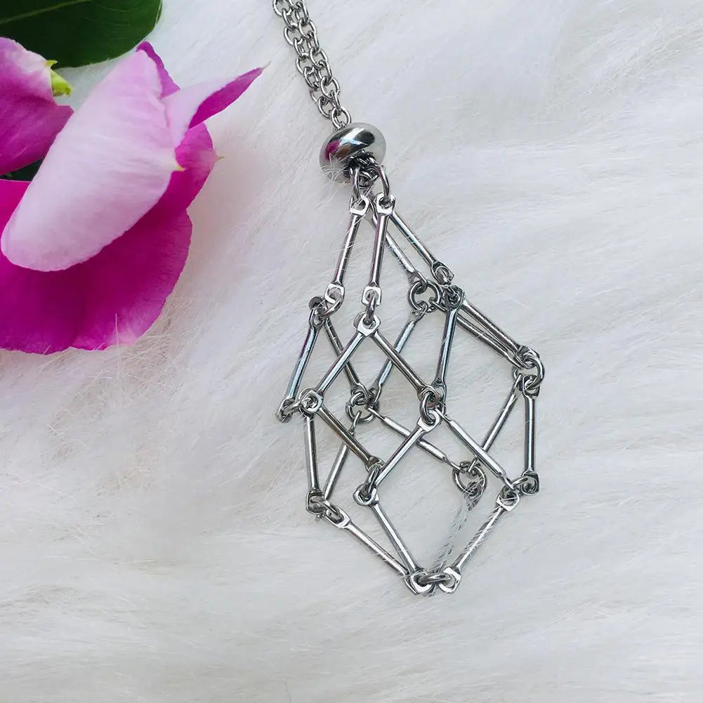 Stainless Steel Design Crystal Cage Necklace Holder Women Men Net Metal Chain Stone Collecting Holder Adjustable Pendant Jewelry