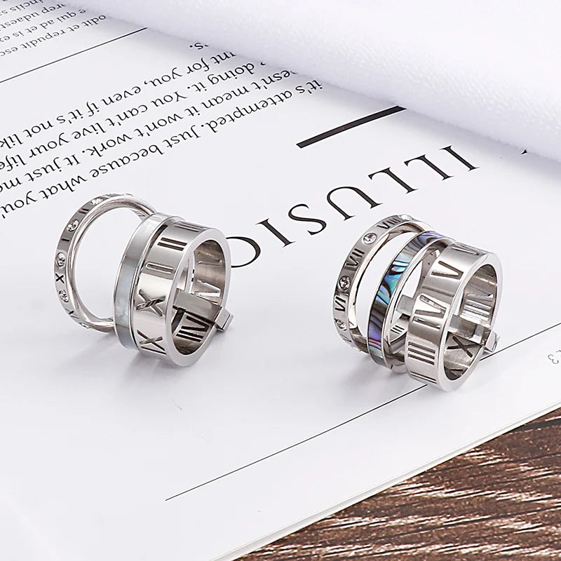 Trendy Shell Stainless Steel Rings for Women Girls Three Layers Roman Numerals Rhinestone Bridal Wedding Women Rings Jewelry