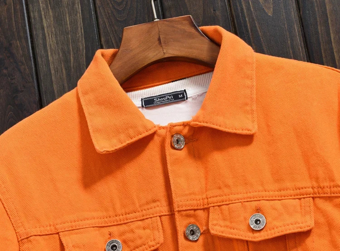 HOO 2024 Men'S Autumn Orange Lapel Denim Jacket Teenagers Drop Shoulders Loose Casual Denim Jacket