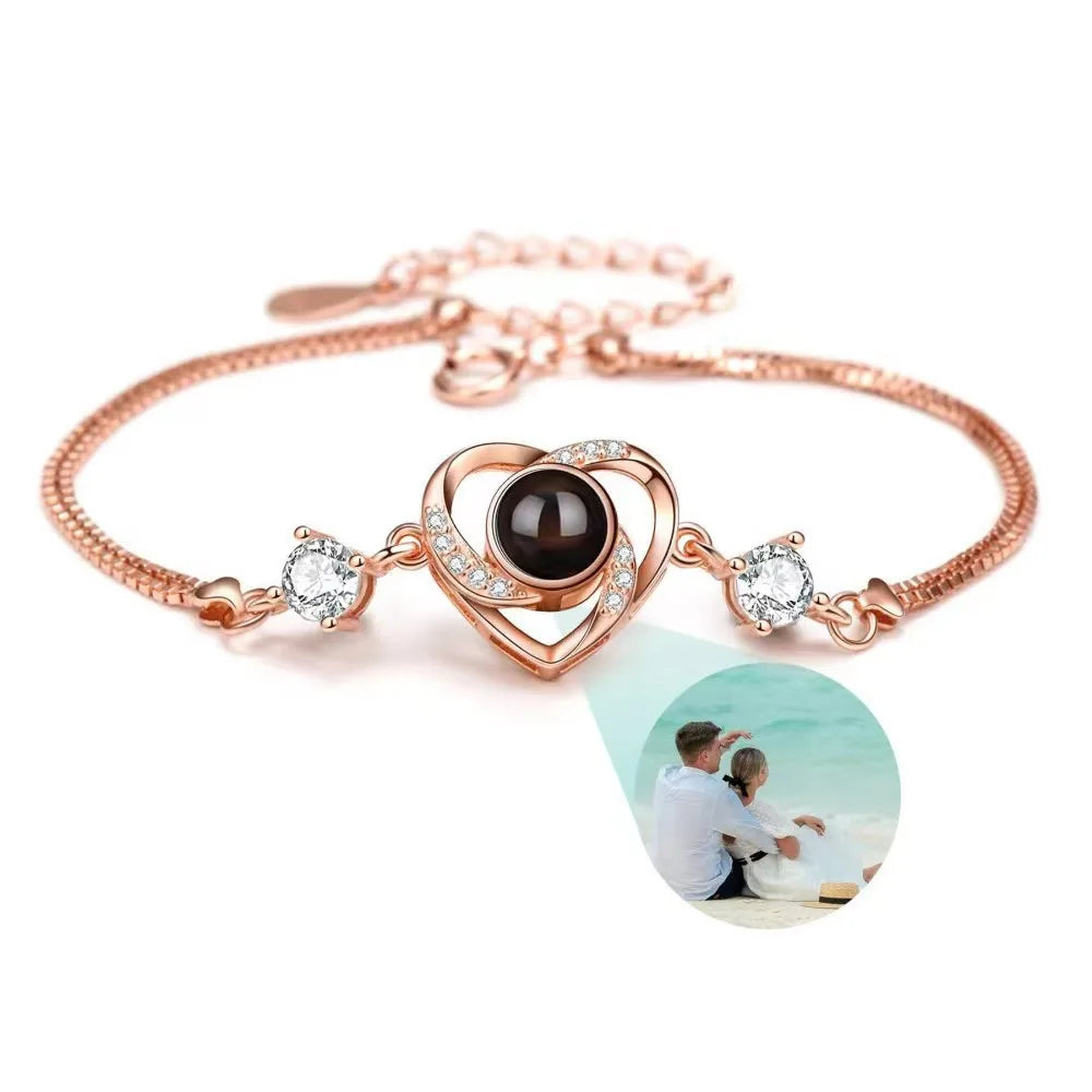 Custom Photo Projection Bracelet Heart Zircona Pendant Stainless Steel Couple DIY Picture inside Bracelet for Women Jewelry