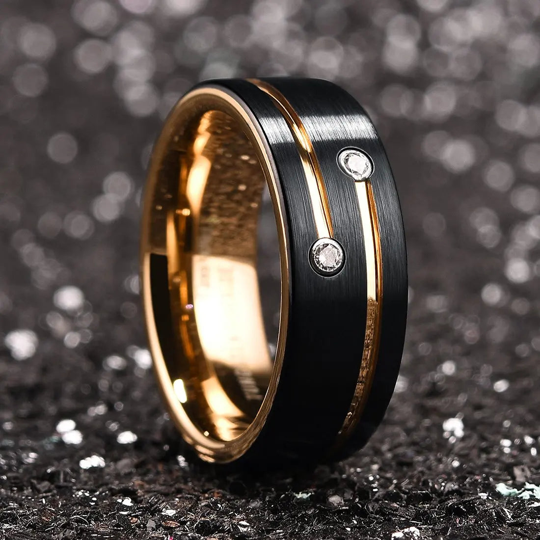 2022 Fashion 8Mm Mens Tungsten Carbide Ring Inlay Zircon Thin Rose Gold Color Line Groove Black Brushed Men Ring Wedding Jewelry