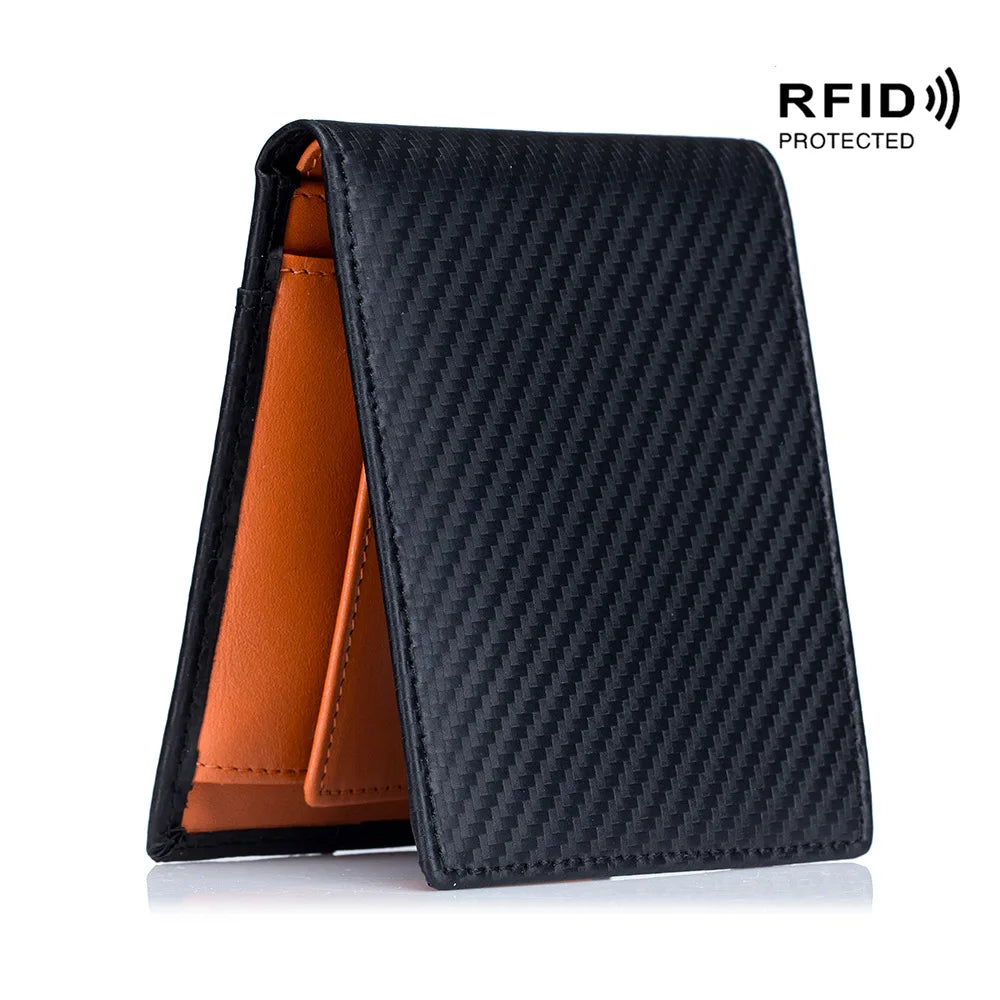 Men Wallet Wallet Rfid Ultra Thin Short Wallet Carbon Fiber Leather Coin Purse Card Case Blue Black Orange Card Organizer