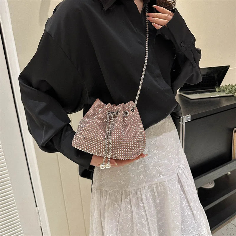 Women Fashion Diamonds Rhinestone Bucket Bags Retro Pearl Chain Ladies Shoulder Bags Shiny Small Crossbody Bags Female Handbags