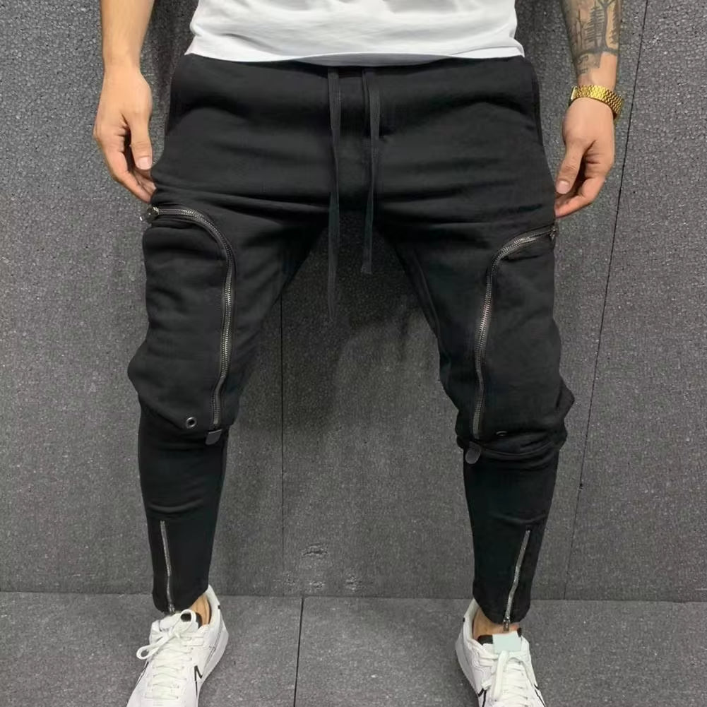 Cargo Pants Men Fashion Solid Color Drawstring Casual Multi Zippers Pockets Trousers Hip Hop Style Men Harem Pants Streetwear