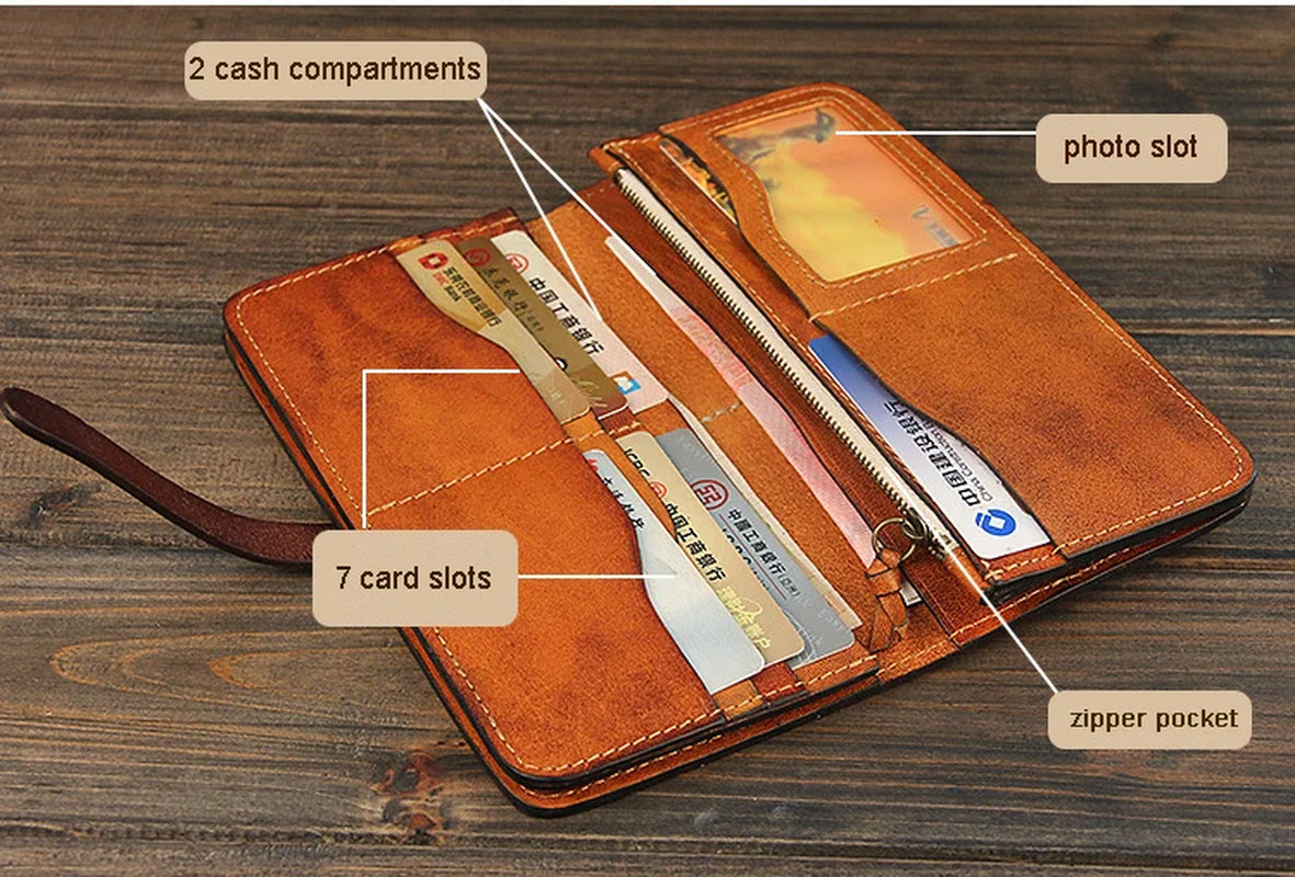 Luxury Handmade Men Genuine Leather Wallet Men Purse Women Leather Long Wallet Clutch Bag Male Purse Money Bag