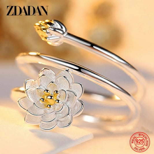 925 Sterling Silver Charm Lotus Ring for Women Fashion Open Adjustable Finger Rings Jewelry Gift